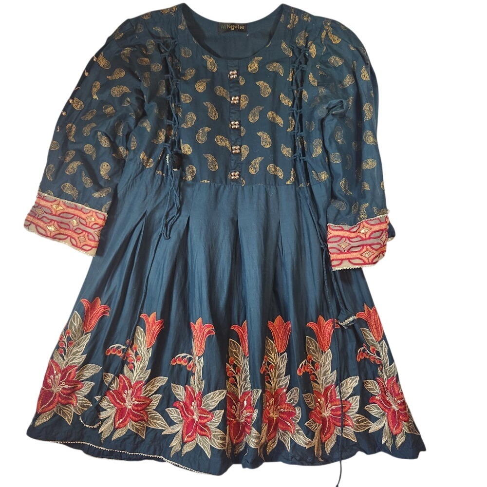 Traditional Teal Blue Paisley Floral Embroidered Tunic Dress poinsettia Medium